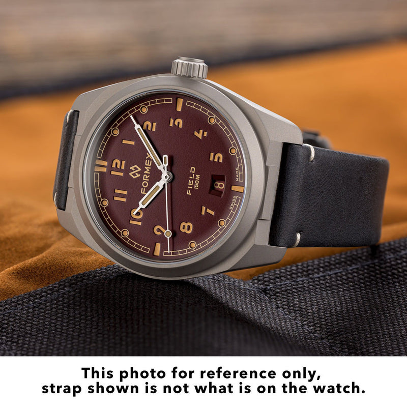 Formex Swiss Automatic Field Watch with Mahogany Red Dial and Velcro Strap #0660.1.6573.121 LifestyleFormex Swiss Automatic Field Watch with Mahogany Red Dial and Velcro Strap #0660.1.6573.121 lifestyle