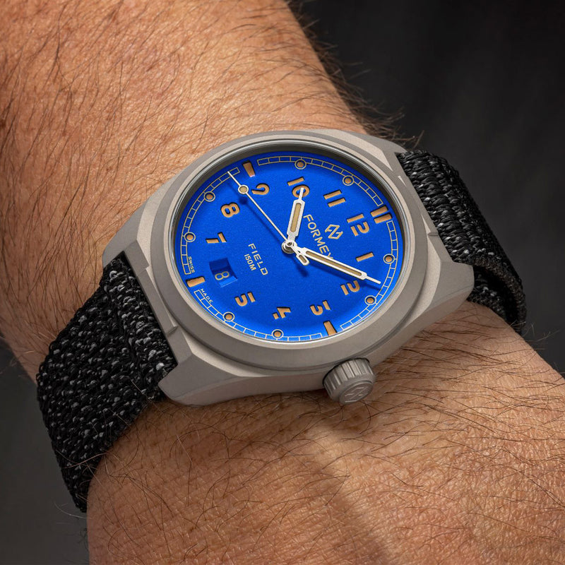 Formex Swiss Automatic Field Watch with Earth Blue Dial and Velcro Strap #0660.1.6539.133 wrist