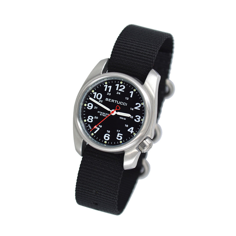Bertucci A-1S Black Dial Stainless Steel Watch with Black Nylon Strap #10004 tilt