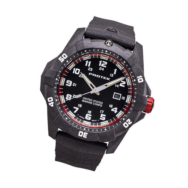 Protek Carbon Composite Official USMC Tritium Dive Watch with Red Accents #PT1012-USMC tilt