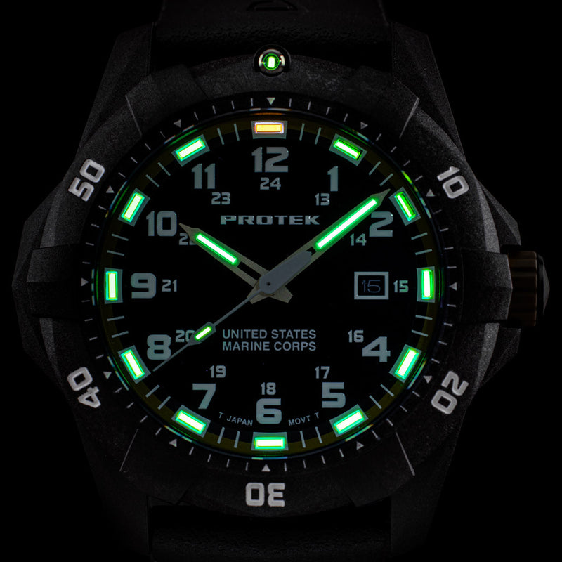 Protek Carbon Composite Official USMC Tritium Dive Watch with Red Accents #PT1012-USMC lume