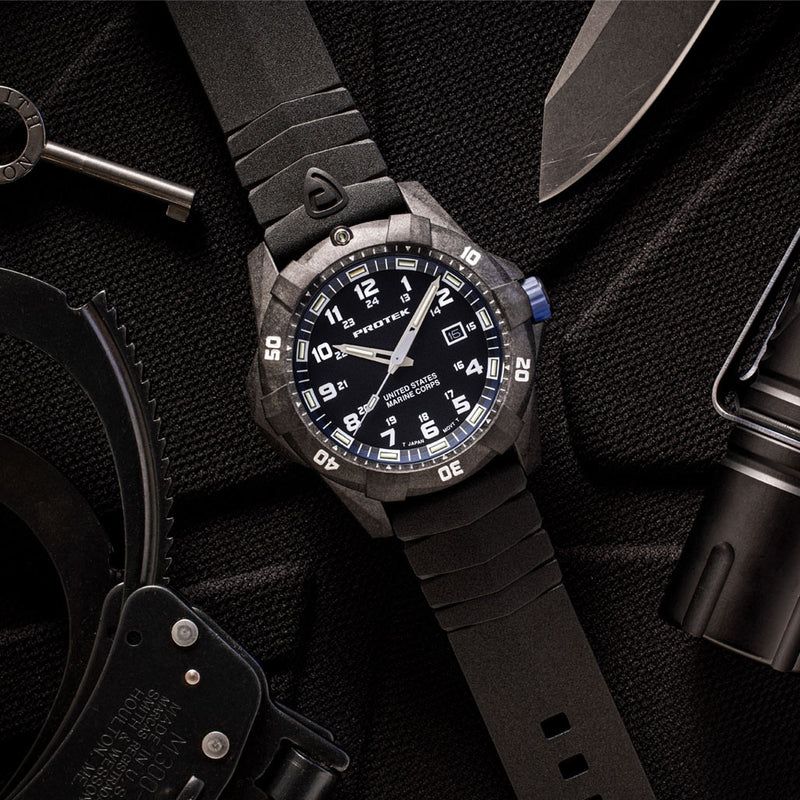 Protek Carbon Composite Official USMC Tritium Dive Watch with Blue Accents #PT1013-USMC lifestyle