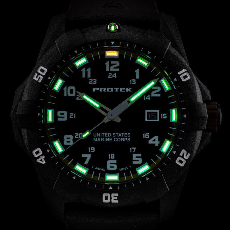Protek Carbon Composite Official USMC Tritium Dive Watch with Sand Accents #PT1016-USMC lume