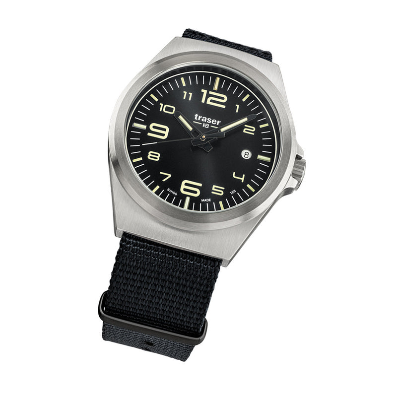 Traser P59 Essential M Black Dial Watch w/Trigalight + SuperLuminova #108638 tilt
