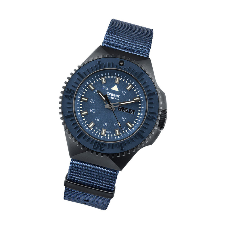 Traser P69 Black Stealth Dive Watch with Blue Dial and Tritium #109856 tilt