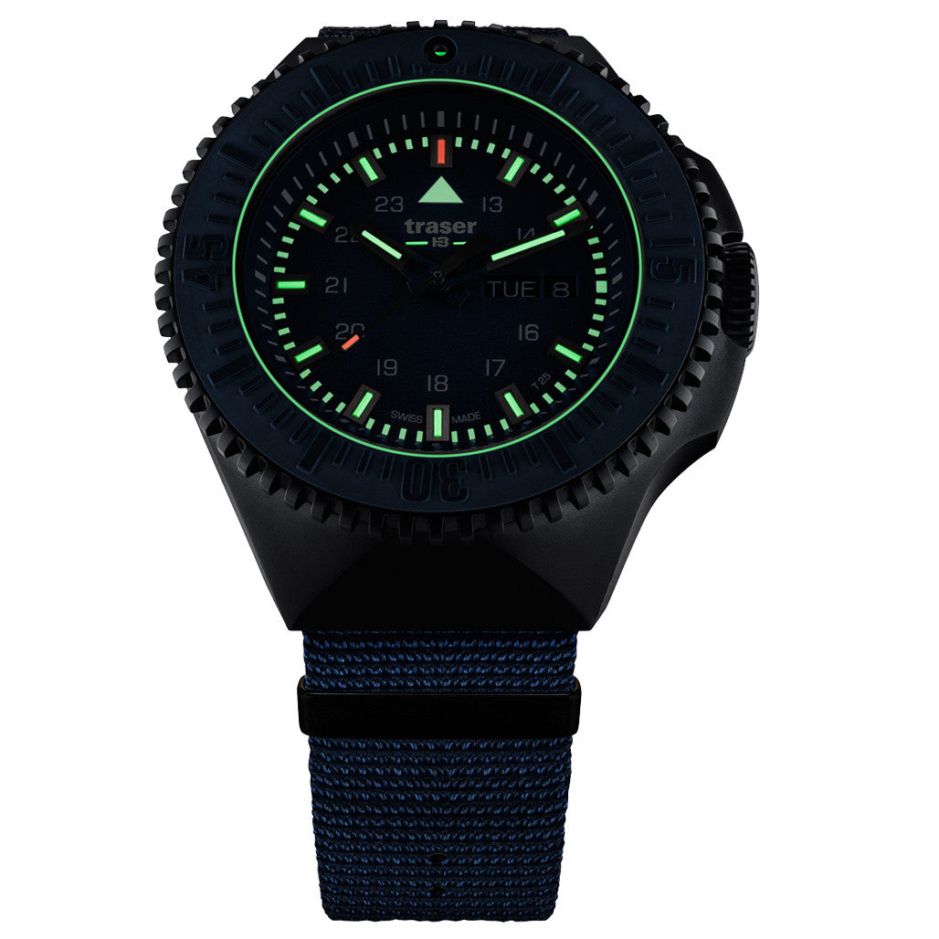 Traser P69 Black Stealth Dive Watch with Blue Dial and Tritium