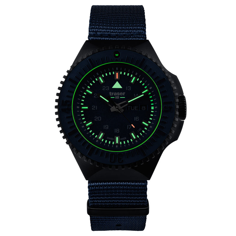 Traser P69 Black Stealth Dive Watch with Blue Dial and Tritium #109856 lume