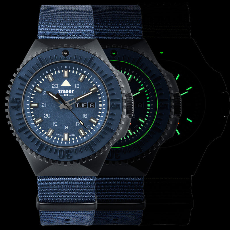 Traser P69 Black Stealth Dive Watch with Blue Dial and Tritium #109856 lume