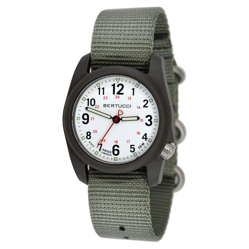 Bertucci DX3 Field Resin Watch, Olive Green Nylon Strap, White