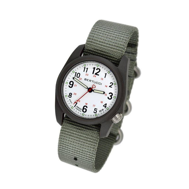 Bertucci DX3 Field Resin Watch, Defender Drab Nylon Strap, White Dial - 11019 tilt