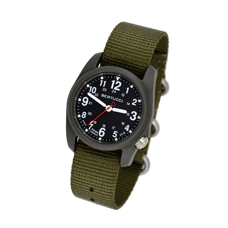 Bertucci DX3 Field Resin Watch, Olive Green Nylon Strap, Black Dial - 11026 tilt