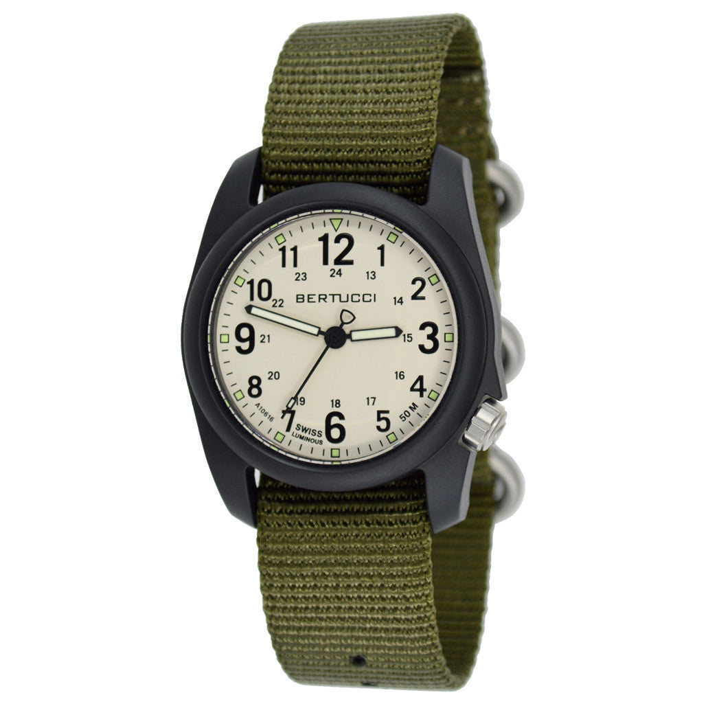 Bertucci DX3 Field Resin Watch, Olive Green Nylon Strap, White