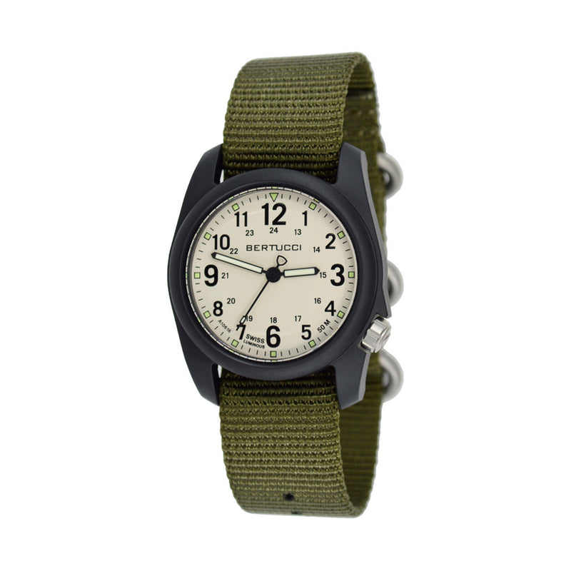 Bertucci DX3 Field Resin Watch, Olive Green Nylon Strap, White Dial - 11049