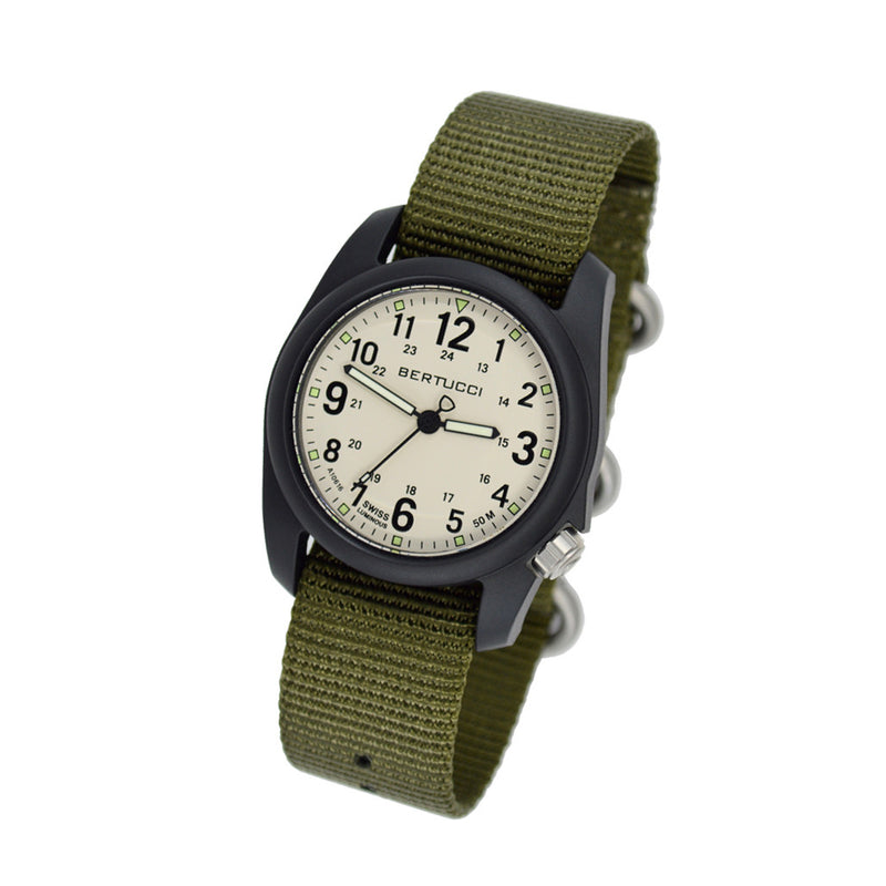 Bertucci DX3 Field Resin Watch, Olive Green Nylon Strap, White Dial - 11049 tilt