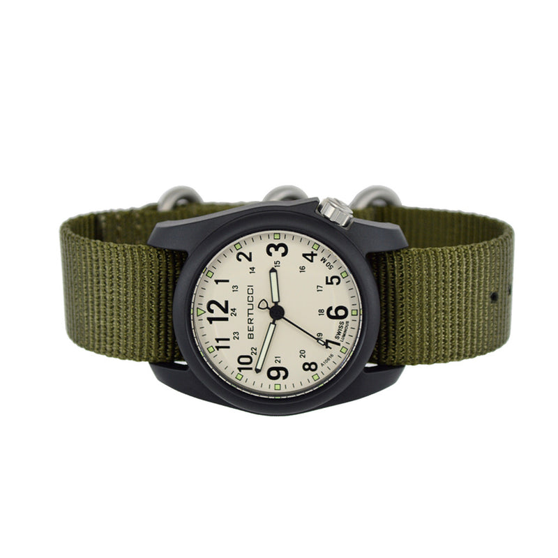 Bertucci DX3 Field Resin Watch, Olive Green Nylon Strap, White Dial - 11049 side