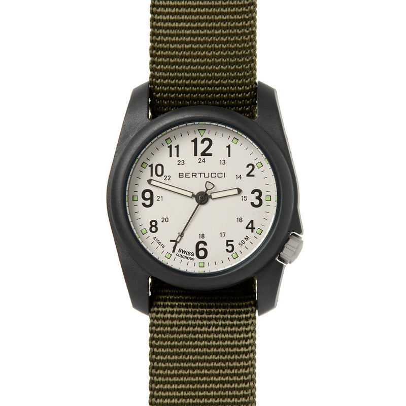 Bertucci DX3 Field Resin Watch, Olive Green Nylon Strap, White Dial - 11049