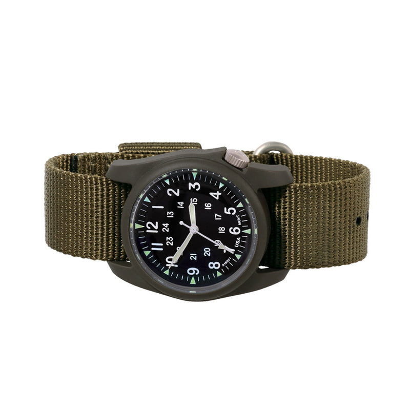 Bertucci retro-inspired Retroform field watch with a USA movement, 5 year battery and G-Type nylon band #11600 side