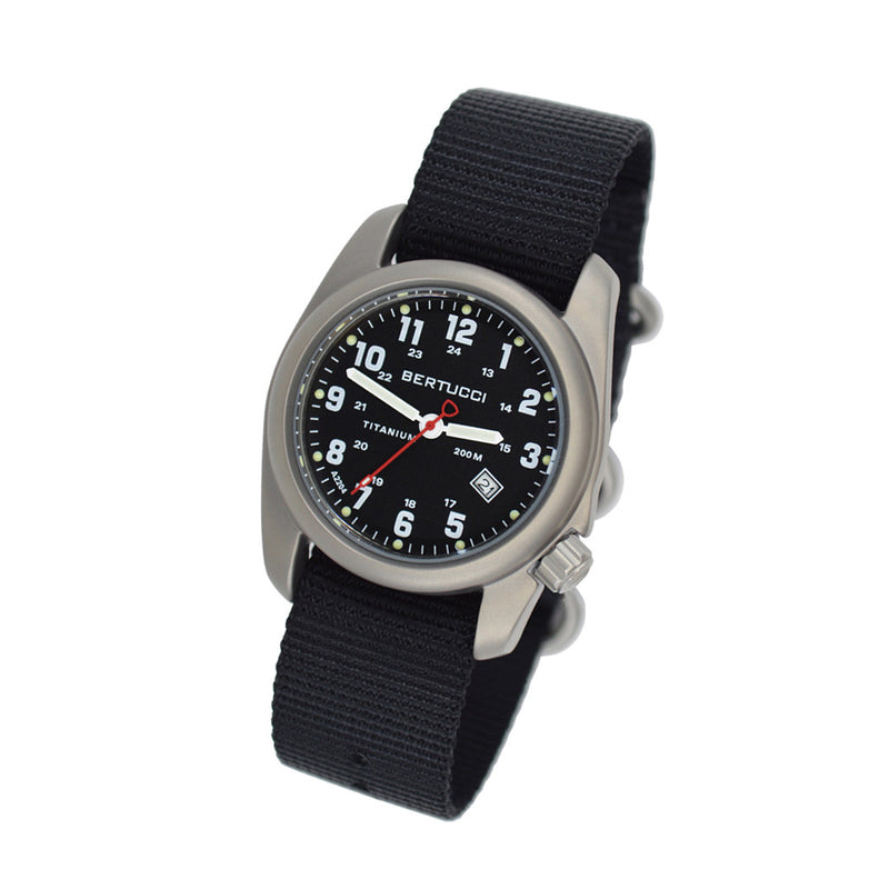 Bertucci A-2T Black Dial Titanium Watch with Black Nylon Strap #12022 tilt