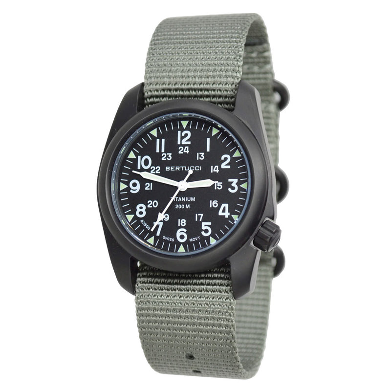 Bertucci A-2T Vintage Black Titanium Watch with Olive Drab Nylon Strap #12028