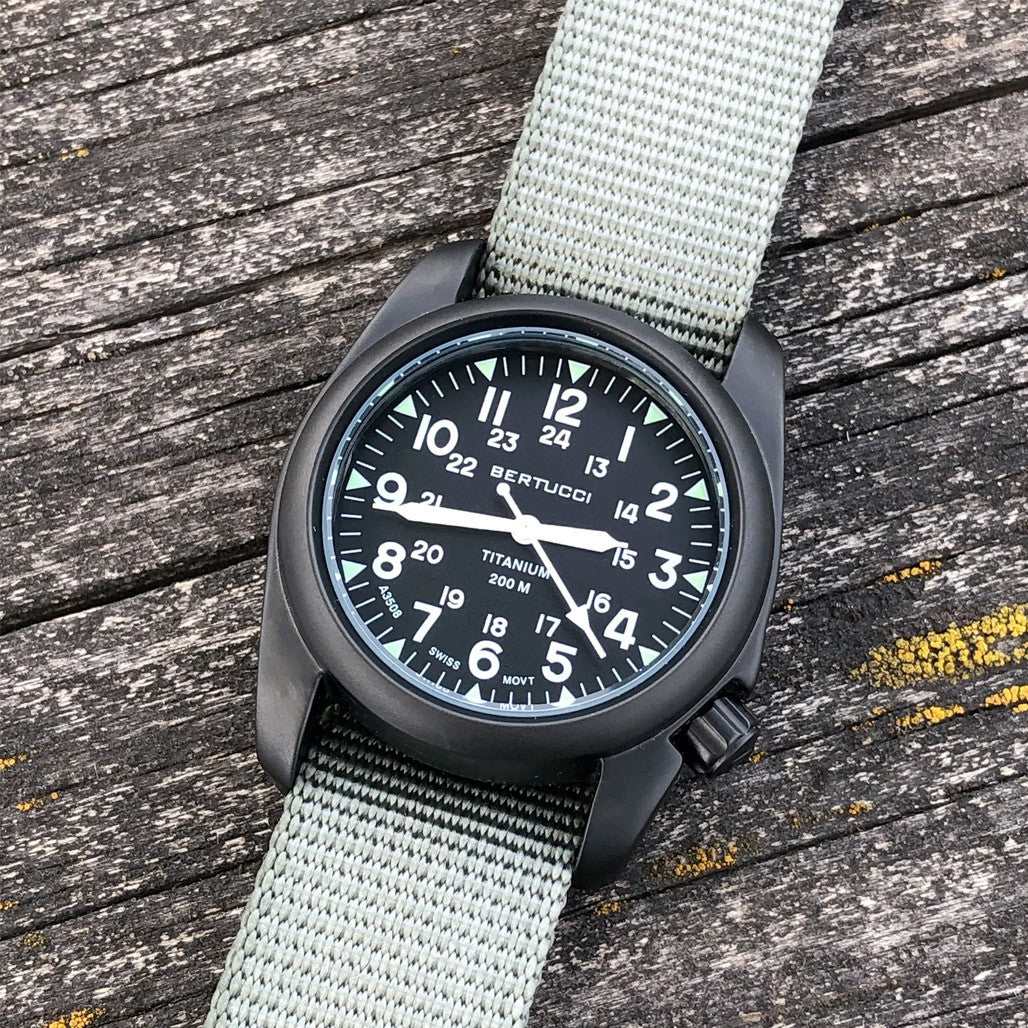 Bertucci A-2T Vintage Black Titanium Watch with Olive Drab Nylon