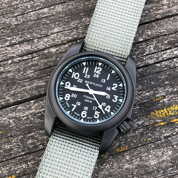 Bertucci A-2T Vintage Black Titanium Watch with Olive Drab Nylon Strap #12028