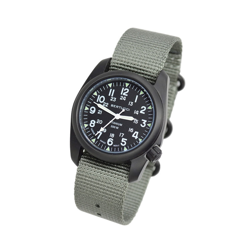 Bertucci A-2T Vintage Black Titanium Watch with Olive Drab Nylon Strap #12028