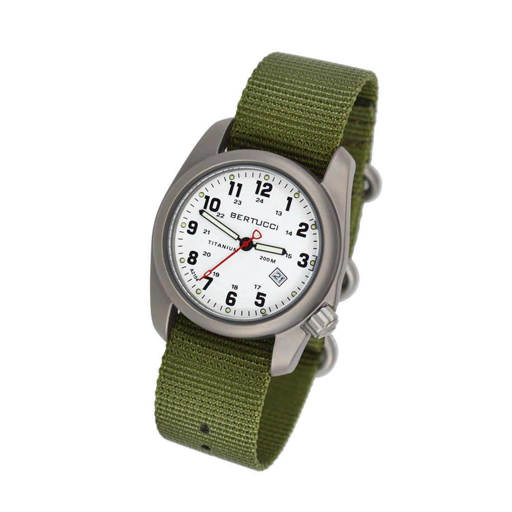 Bertucci A-2T White Dial Titanium Watch with Olive Nylon Strap