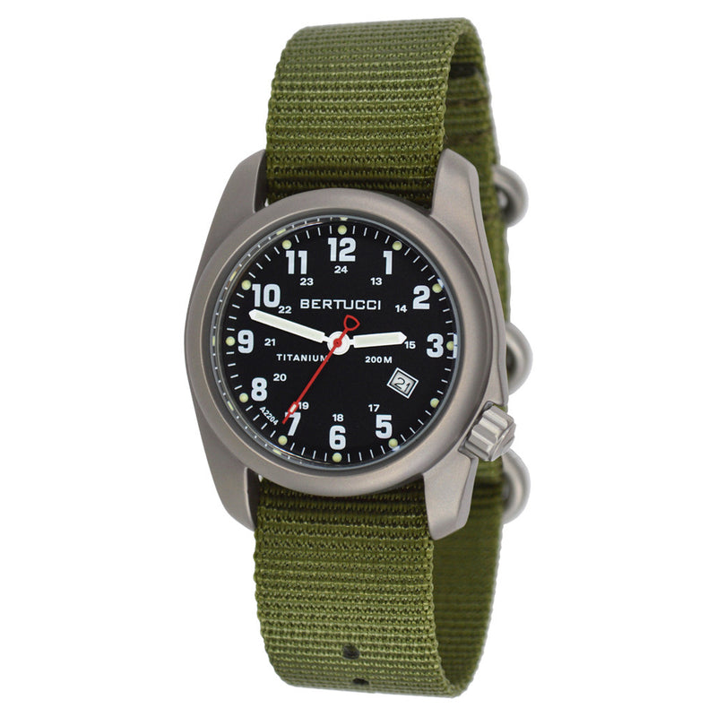 Bertucci A-2T Black Dial Titanium Watch with Olive Nylon Strap #12122 zoom