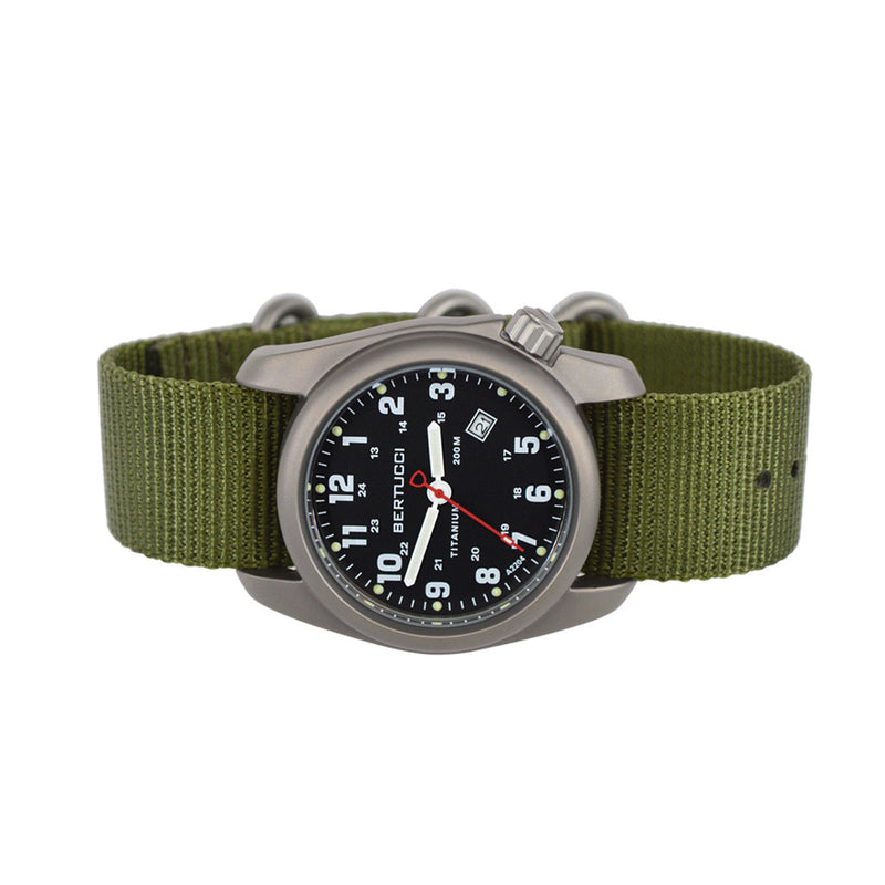 Bertucci A-2T Black Dial Titanium Watch with Olive Nylon Strap #12122 side