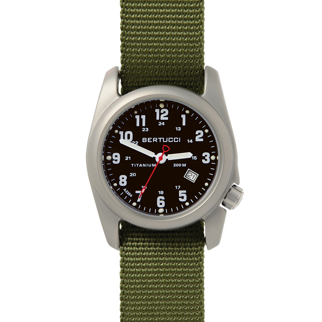 Bertucci A-2T Black Dial Titanium Watch with Olive Nylon Strap