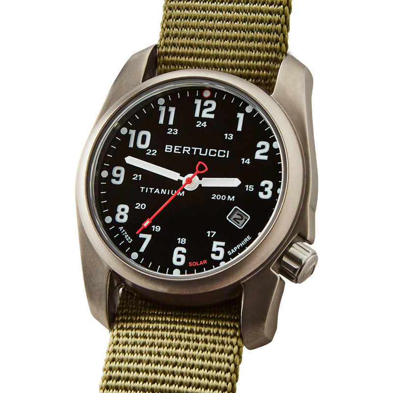 Bertucci A-2T Solar Classic Titanium Field Watch with Green Nylon Strap #12801
