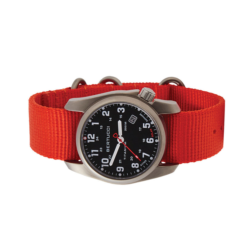 Bertucci A-2T Solar Classic Titanium Field Watch with Orange Nylon Strap #12805