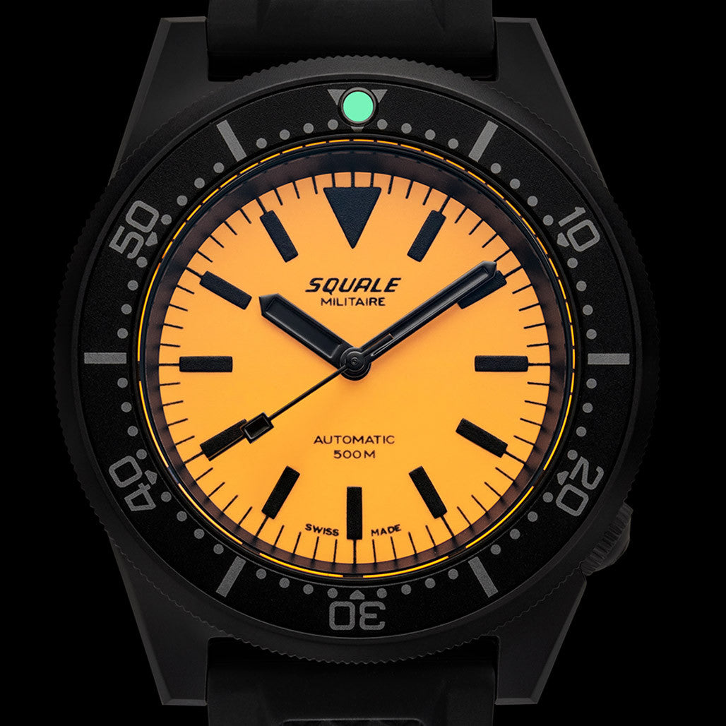 マサオ スケルヴ デザイナーズトイ Squale 50 Atmos Dive watch with DLC Black Case and Orange