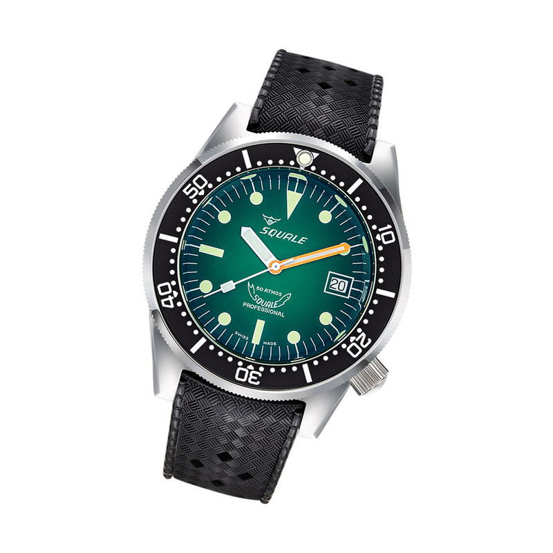 Squale 500 Meter Swiss Made Automatic Dive Watch with Ombre Green Dial and Rubber Strap #1521PROFGR.HT tilt