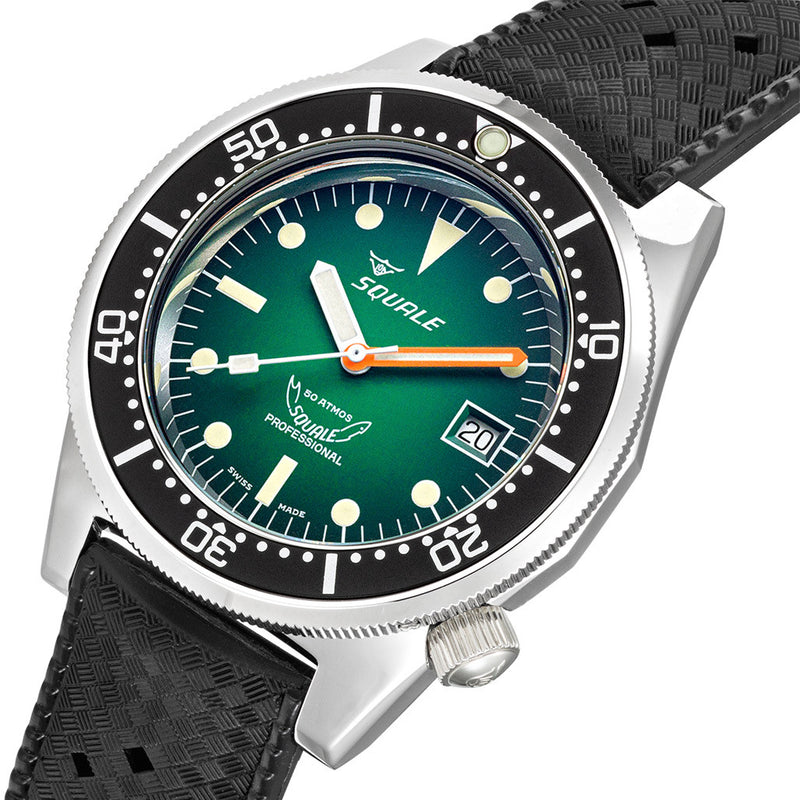Squale 500 Meter Swiss Made Automatic Dive Watch with Ombre Green Dial and Rubber Strap #1521PROFGR.HT tilt zoom