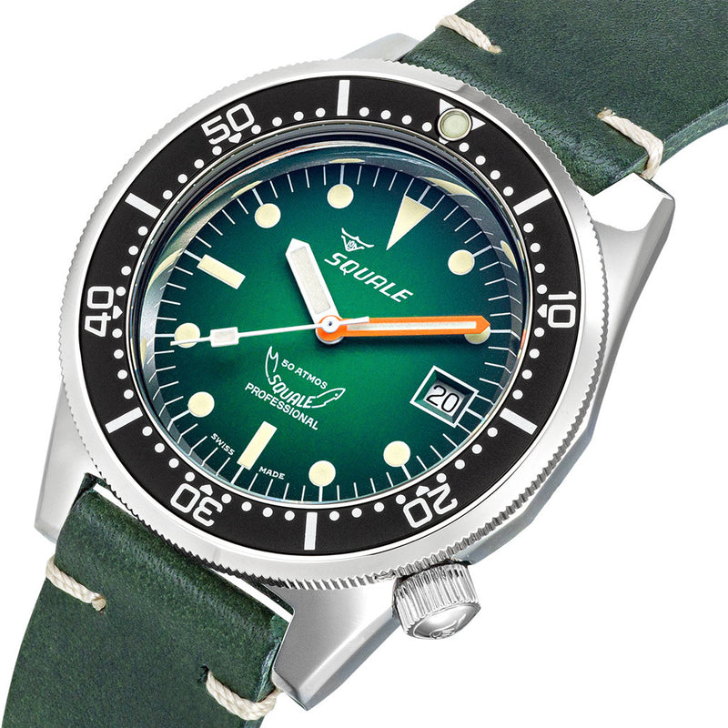 Squale 500 Meter Swiss Made Automatic Dive Watch with Ombre Green Dial and Leather Strap  #1521PROFGR.PVE zoom tilt