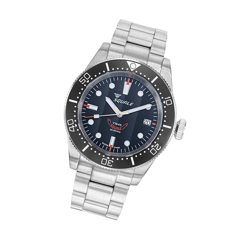 Squale 1545 Black Dial Dive Watch with Orange Accents and Stainless Steel Bracelet #1545BKBK.AC tilt