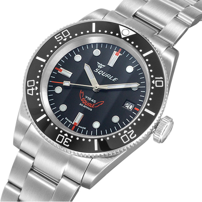 Squale 1545 Black Dial Dive Watch with Orange Accents and Stainless Steel Bracelet #1545BKBK.AC tilt