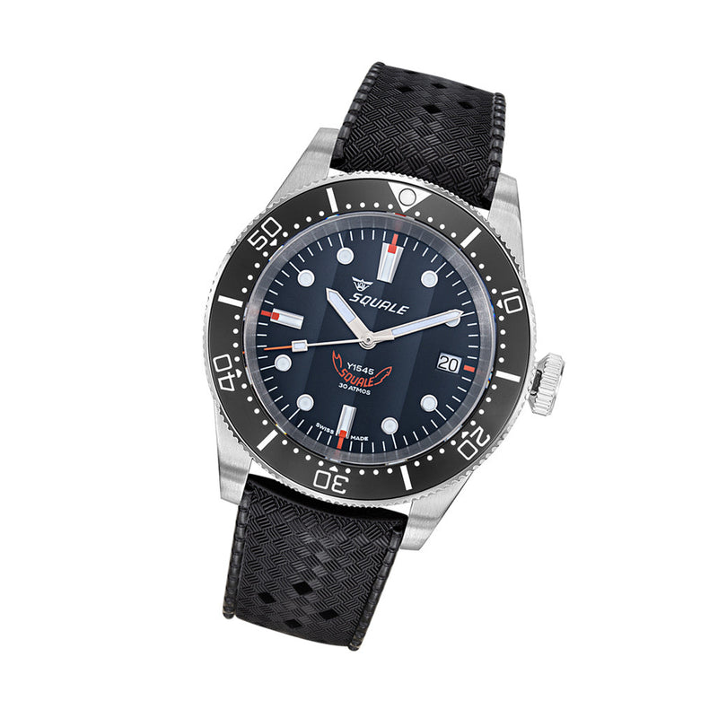 Squale 1545 Black Dial Dive Watch with Orange Accents and Rubber Strap #1545BKBK.HT tilt