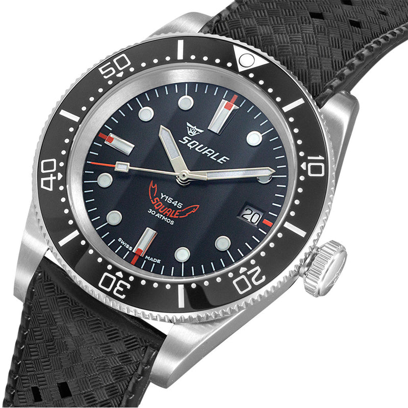 Squale 1545 Black Dial Dive Watch with Orange Accents and Rubber Strap #1545BKBK.HT tilt