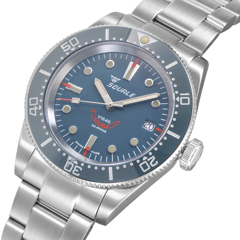 Squale 1545 Grey Dial Dive Watch with Orange Accents and Stainless Steel Bracelet #1545GG.AC tilt