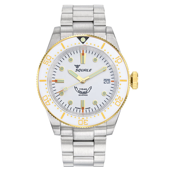 Squale 1545 White Dial Dive Watch with Gold Accents and Stainless Steel Bracelet #1545WTWT.AC zoom