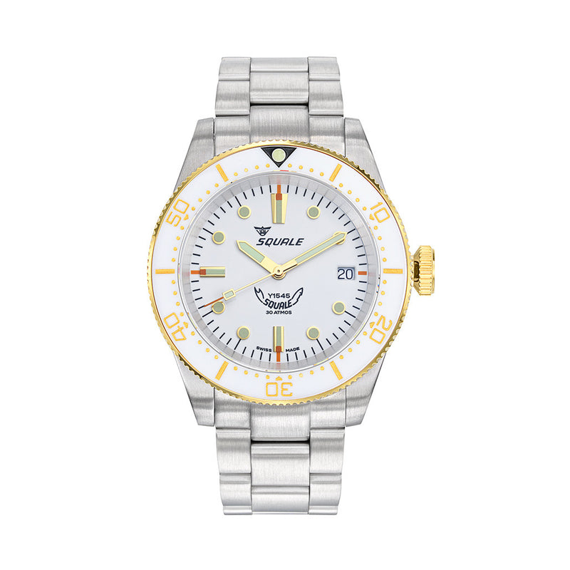 Squale 1545 White Dial Dive Watch with Gold Accents and Stainless Steel Bracelet #1545WTWT.AC