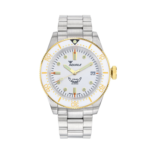 Squale 1545 White Dial Dive Watch with Gold Accents and Stainless Steel Bracelet #1545WTWT.AC