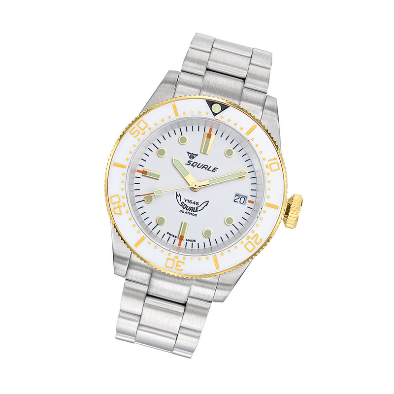 Squale 1545 White Dial Dive Watch with Gold Accents and Stainless Steel Bracelet #1545WTWT.AC tilt
