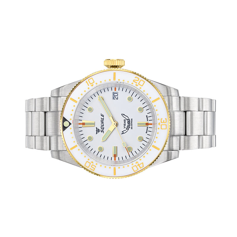 Squale 1545 White Dial Dive Watch with Gold Accents and Stainless Steel Bracelet #1545WTWT.AC side