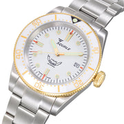 Squale 1545 White Dial Dive Watch with Gold Accents and Stainless Steel Bracelet #1545WTWT.AC tilt