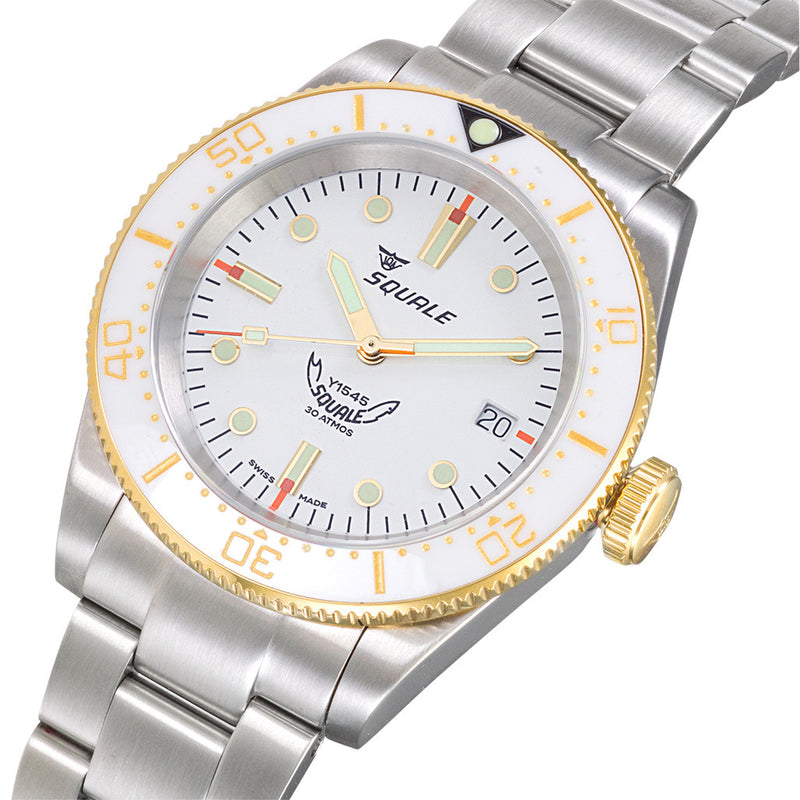 Squale 1545 White Dial Dive Watch with Gold Accents and Stainless Steel Bracelet #1545WTWT.AC tilt