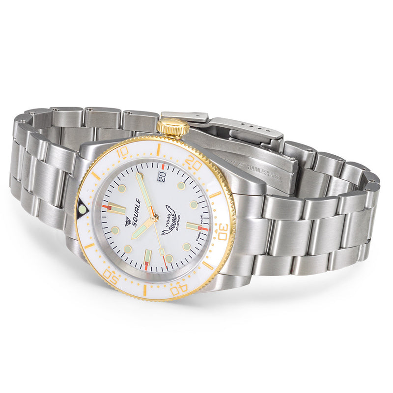 Squale 1545 White Dial Dive Watch with Gold Accents and Stainless Steel Bracelet #1545WTWT.AC side