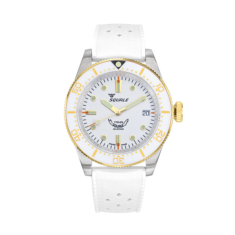 Squale 1545 White Dial Dive Watch with Gold Accents and Rubber Strap #1545WTWT.HTW